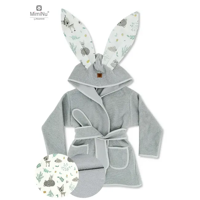 MimiNu - Halat de baie cu urechi 2 - 5 ani, Moale, Cu buzunare, Cu cordon, Din bumbac si thermo fleece, Materiale certificate Oeko Tex Standard 100, Forest Friends Mint BYN6426972022323