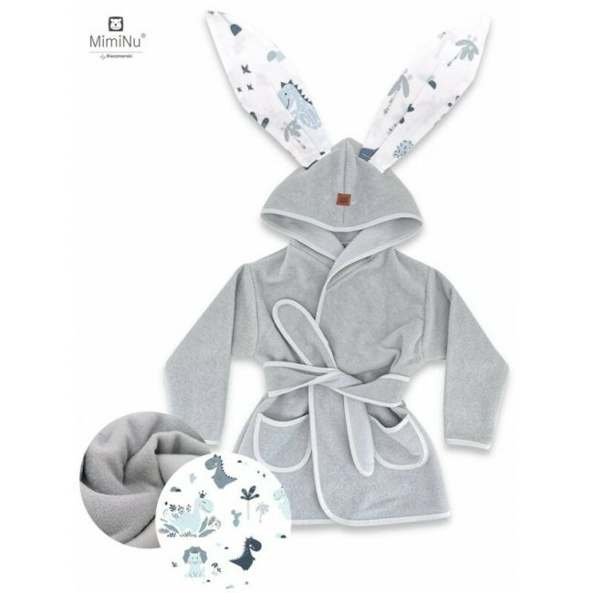 MimiNu - Halat de baie cu urechi 6 - 24 luni, Moale, Cu buzunare, Cu cordon, Din bumbac si thermo fleece, Materiale certificate Oeko Tex Standard 100, Dino Granat BYN6426972022644
