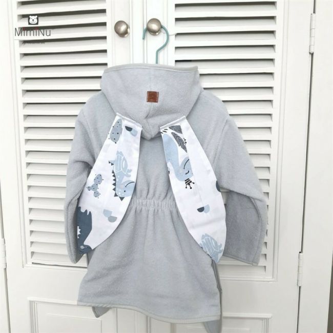 MimiNu - Halat de baie cu urechi 6 - 24 luni, Moale, Cu buzunare, Cu cordon, Din bumbac si thermo fleece, Materiale certificate Oeko Tex Standard 100, Dino Granat BYN6426972022644