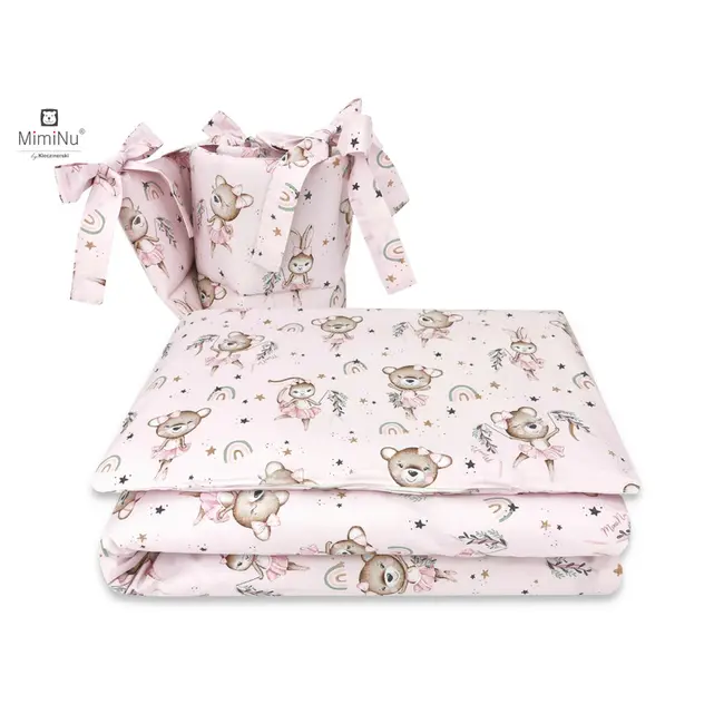 MimiNu - Lenjerie patut 3 piese, Cu protectie laterala, Din bumbac certificat Oeko Tex Standard 100, Pentru patut 120x60 cm, Design, Little Ballerina Pink BYN6426972019866