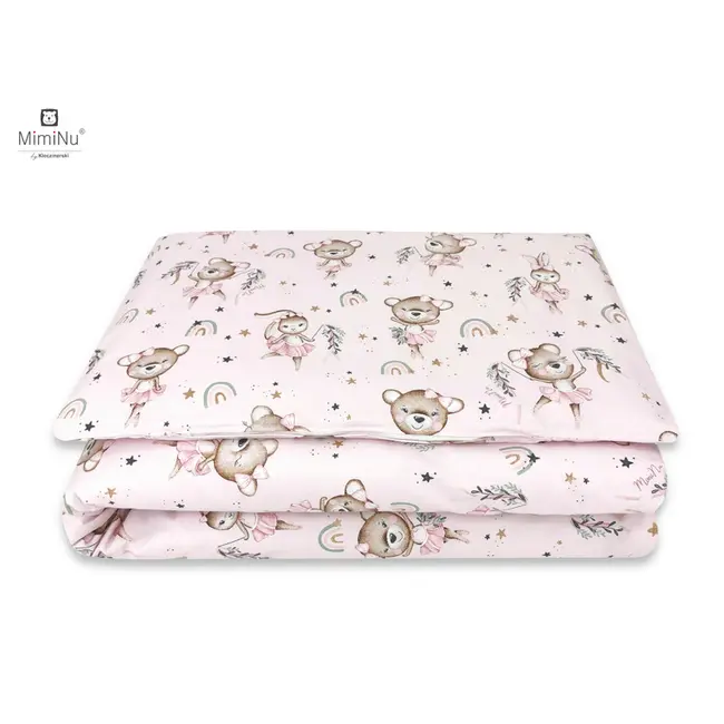 MimiNu - Lenjerie patut 3 piese, Cu protectie laterala, Din bumbac certificat Oeko Tex Standard 100, Pentru patut 120x60 cm, Design, Little Ballerina Pink BYN6426972019866