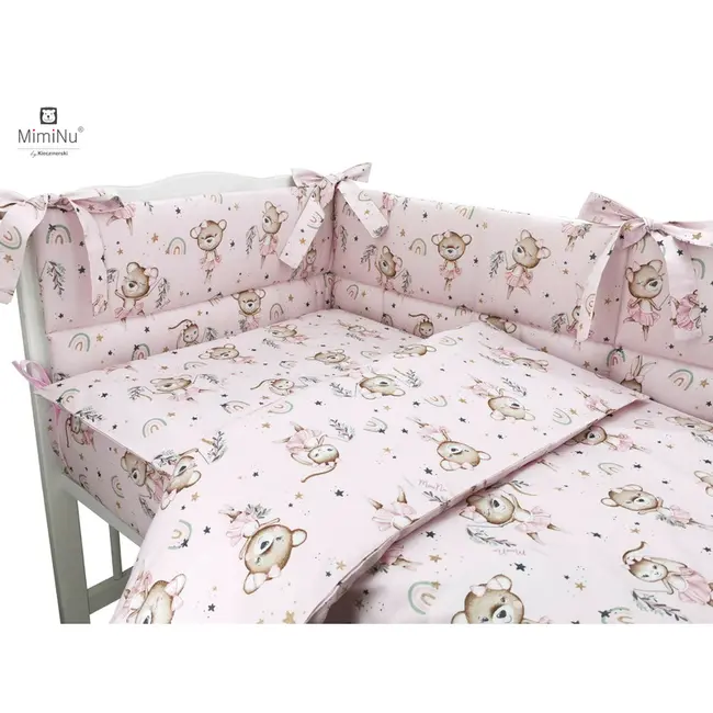 MimiNu - Lenjerie patut 3 piese, Cu protectie laterala, Din bumbac certificat Oeko Tex Standard 100, Pentru patut 120x60 cm, Design, Little Ballerina Pink BYN6426972019866