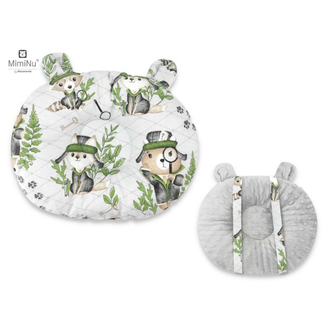 MimiNu - Perna bebelusi Ursulet, Multifunctionala, Cu doua fete, Tesatura pufoasa minky si bumbac, Materiale certificate Oeko Tex Standard 100, Design, Minky Detective Natural BYN6426972021517