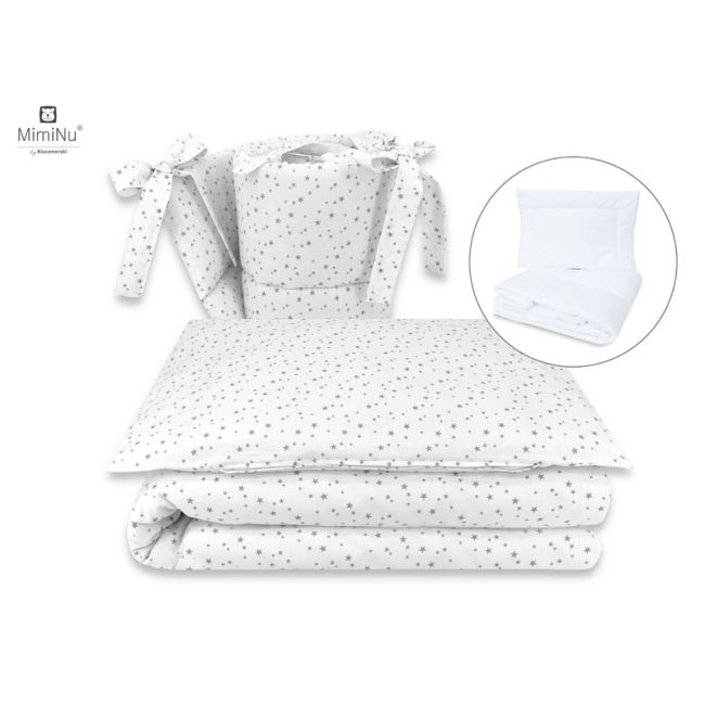 MimiNu - Set lenjerie patut 5 piese, Cu pilota si perna, Din bumbac certificat Oeko Tex Standard 100, Pentru patut 120x60 cm, Mini Gray Stars BYN6426972019989