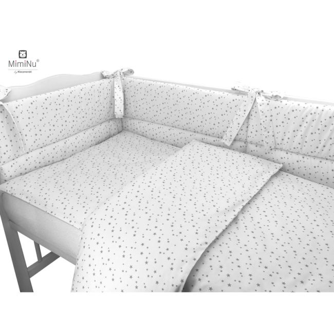 MimiNu - Set lenjerie patut 5 piese, Cu pilota si perna, Din bumbac certificat Oeko Tex Standard 100, Pentru patut 120x60 cm, Mini Gray Stars BYN6426972019989