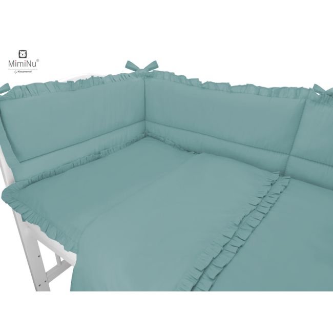 MimiNu - Set lenjerie patut 5 piese, Cu volanase, Cu pilota si perna, Din bumbac certificat Oeko Tex Standard 100, Pentru patut 120x60 cm, Colectia Royal, Nepal Green BYN6426972019996