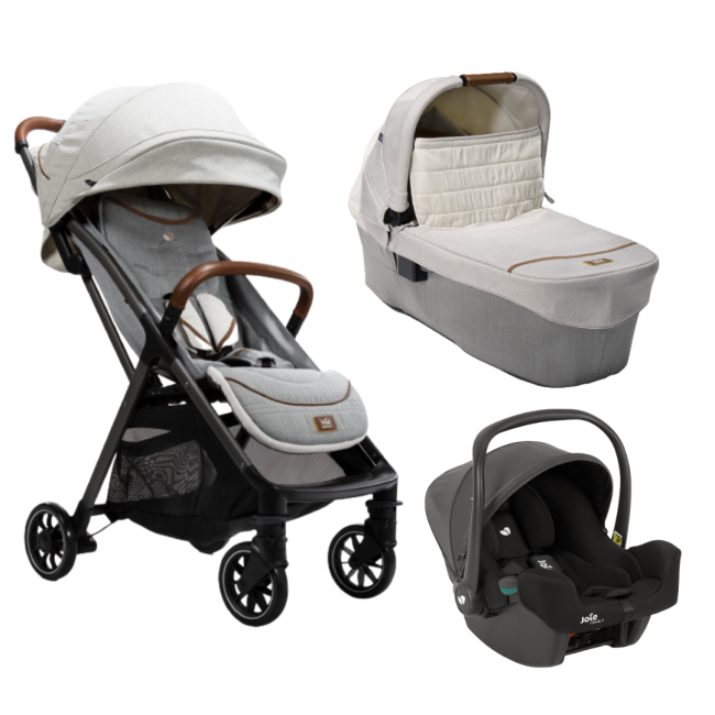 Joie - carucior pentru copii ultracompact  3 in 1 parcel oyster / i-snug shale ( carucior parcel oyster + landou ramble xl oyster + scoica auto i-snug cu tetiera reglabila, nastere - 75 cm, shale)  bbba1219peoys000set