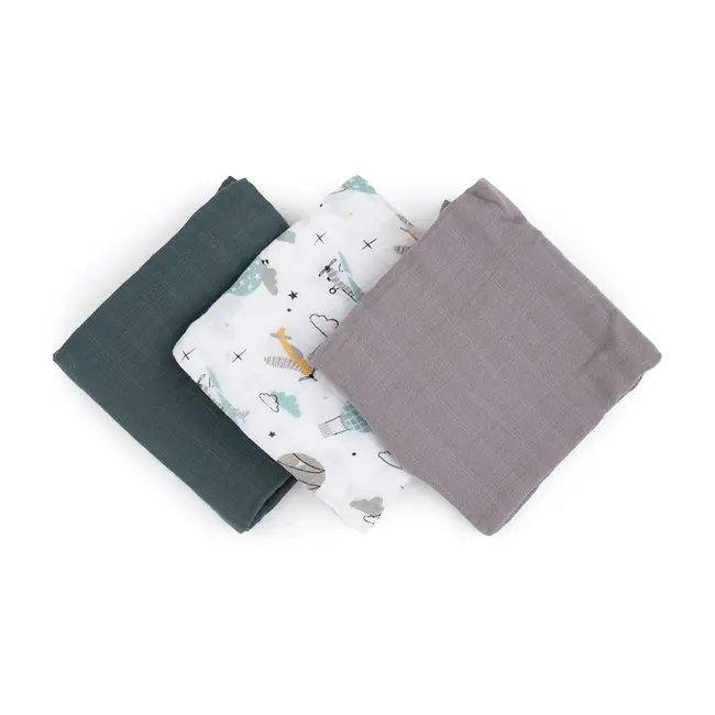 Petite&Mars - Set 3 scutece din muselina de bambus Moussy Grey Planes, Hipoalergenice, 68 x 68 cm, Certificate Oeko Tex Standard 100, Multicolor BYN415361