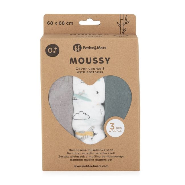 Petite&Mars - Set 3 scutece din muselina de bambus Moussy Grey Planes, Hipoalergenice, 68 x 68 cm, Certificate Oeko Tex Standard 100, Multicolor BYN415361