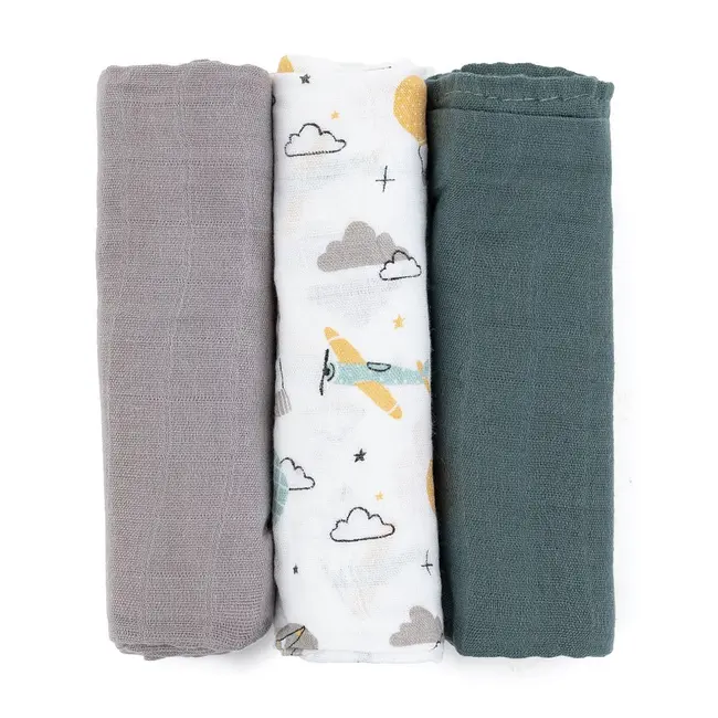 Petite&Mars - Set 3 scutece din muselina de bambus Moussy Grey Planes, Hipoalergenice, 68 x 68 cm, Certificate Oeko Tex Standard 100, Multicolor BYN415361