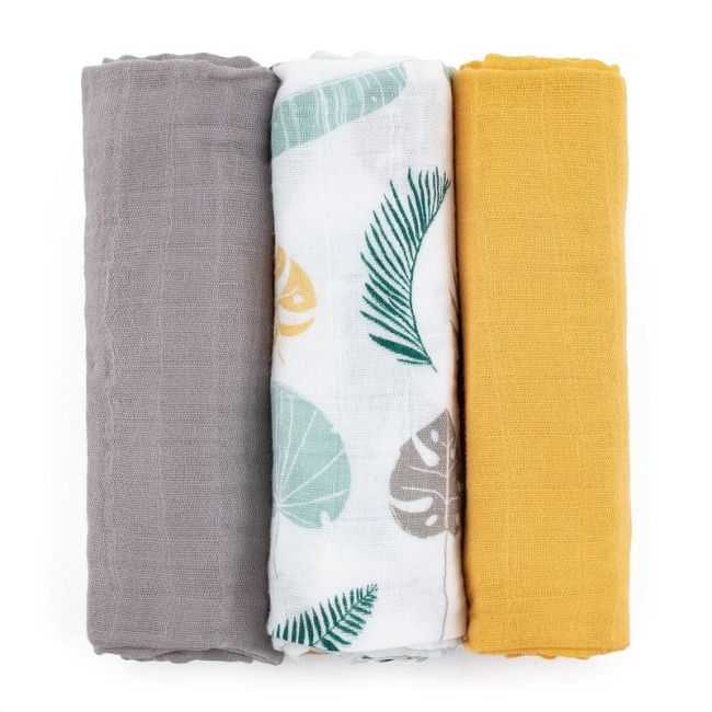 Petite&Mars - Set 3 scutece din muselina de bambus Moussy Ochre Leaves, Hipoalergenice, 68 x 68 cm, Certificate Oeko Tex Standard 100, Multicolor BYN415360