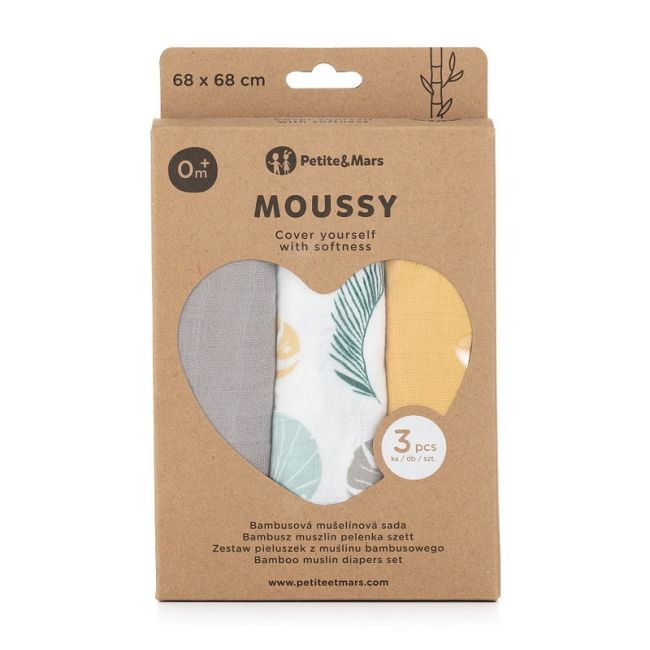 Petite&Mars - Set 3 scutece din muselina de bambus Moussy Ochre Leaves, Hipoalergenice, 68 x 68 cm, Certificate Oeko Tex Standard 100, Multicolor BYN415360