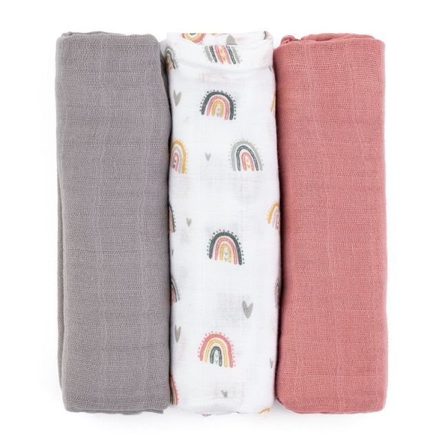 Petite&Mars - Set 3 scutece din muselina de bambus Moussy Rose Rainbow, Hipoalergenice, 68 x 68 cm, Certificate Oeko Tex Standard 100, Multicolor BYN415362
