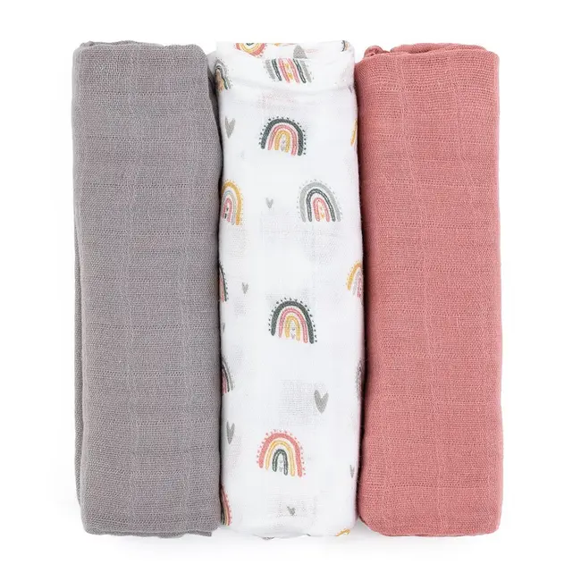 Petite&Mars - Set 3 scutece din muselina de bambus Moussy Rose Rainbow, Hipoalergenice, 68 x 68 cm, Certificate Oeko Tex Standard 100, Multicolor BYN415362