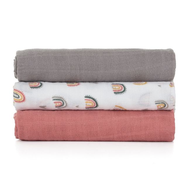 Petite&Mars - Set 3 scutece din muselina de bambus Moussy Rose Rainbow, Hipoalergenice, 68 x 68 cm, Certificate Oeko Tex Standard 100, Multicolor BYN415362