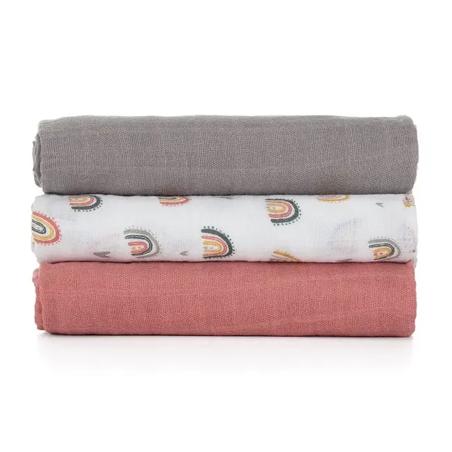 Petite&Mars - Set 3 scutece din muselina de bambus Moussy Rose Rainbow, Hipoalergenice, 68 x 68 cm, Certificate Oeko Tex Standard 100, Multicolor BYN415362