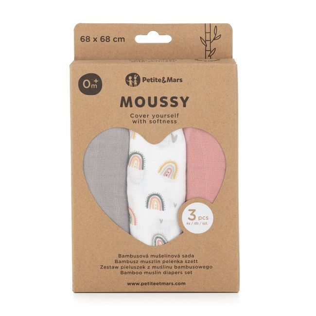 Petite&Mars - Set 3 scutece din muselina de bambus Moussy Rose Rainbow, Hipoalergenice, 68 x 68 cm, Certificate Oeko Tex Standard 100, Multicolor BYN415362