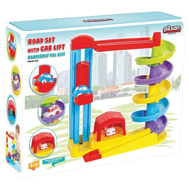 Pista de masini pilsan road set with car lift galben cu 2 masinute hubpl-07-668-ye
