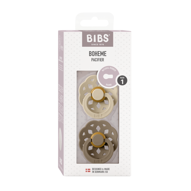 Bibs - set 2 suzete boheme latex, tetina rotunda, 0 luni +-vanilla/dark oak bbb230106