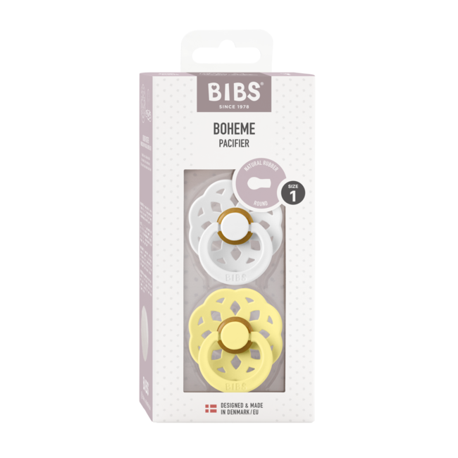 Bibs - set 2 suzete boheme latex, tetina rotunda, 0 luni +-white/sunshine bbb230121