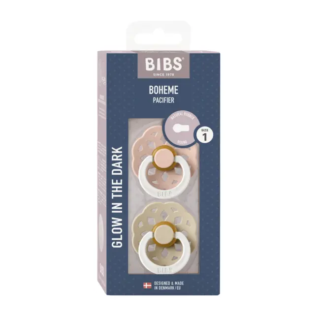 Bibs - set 2 suzete fosforescente boheme glow latex, tetina rotunda, 0 luni +-blush/vanilla bbb230123