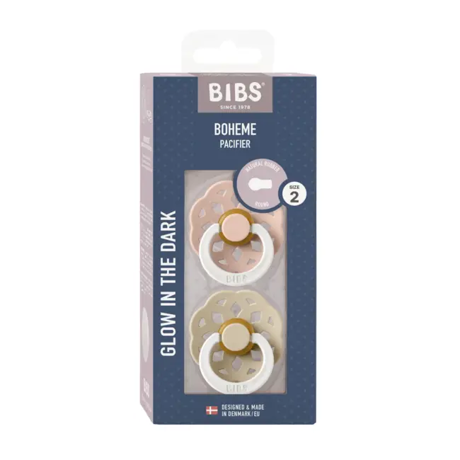 Bibs - set 2 suzete fosforescente boheme glow latex, tetina rotunda, 6 luni +-blush/vanilla bbb240123
