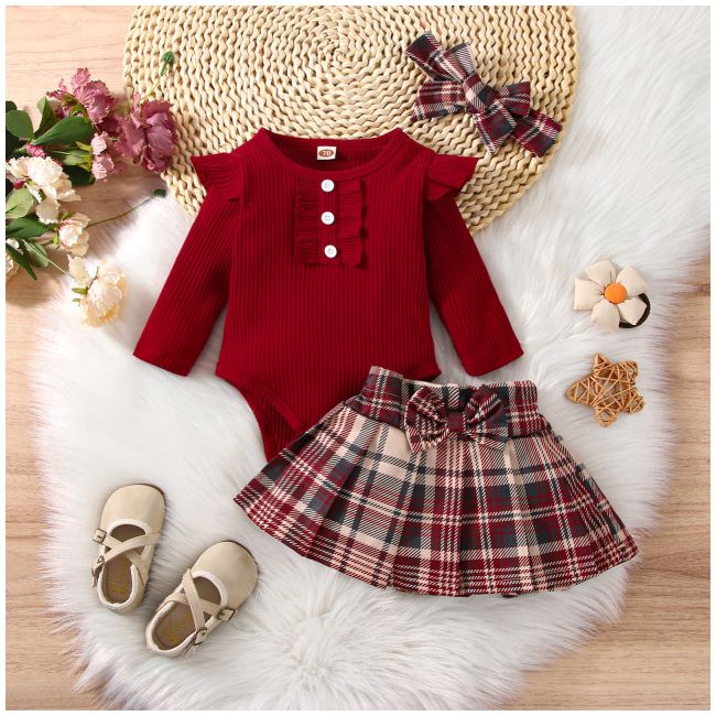 Costumas cu body visiniu si fustita in carouri (marime disponibila: 6-9 luni (marimea 19 incaltaminte)) md567-2-de3.6-9 luni (marimea 19 incaltaminte)