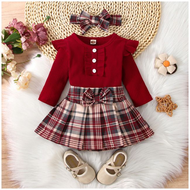 Costumas cu body visiniu si fustita in carouri (marime disponibila: 6-9 luni (marimea 19 incaltaminte)) md567-2-de3.6-9 luni (marimea 19 incaltaminte)