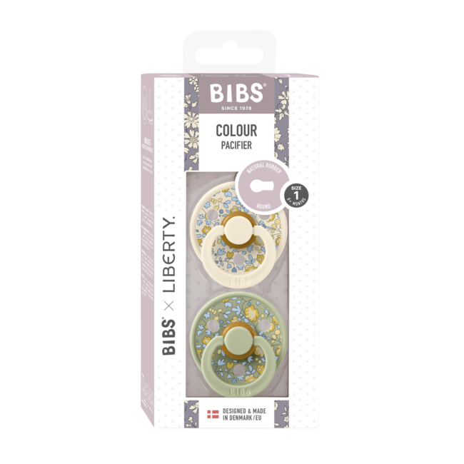 Bibs x liberty - set 2 suzete colour eloise latex, tetina rotunda, 0 luni+-ivory/sage bbb11011103