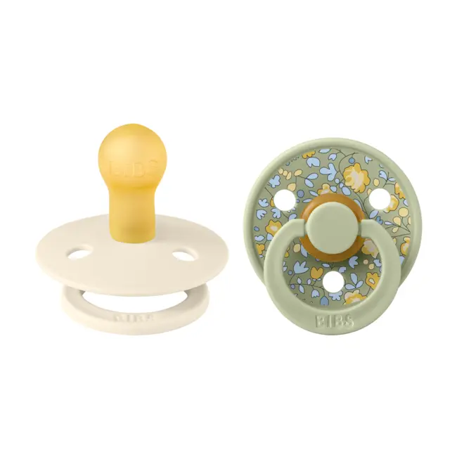 Bibs x liberty - set 2 suzete colour eloise latex, tetina rotunda, 0 luni+-ivory/sage bbb11011103