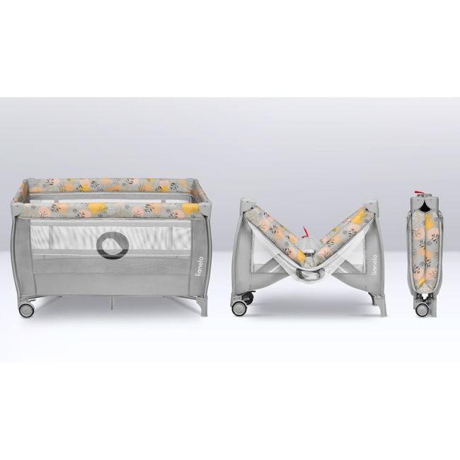 Lionelo - Patut pliant cu doua nivele, Stefi Plus, Cu intrare laterala cu fermoar, 2 roti, 120 x 60 cm, Conform cu standardul european de securitate EN 716, Roz/Galben BYNLO-STEFI_PLUS_PINK_YELLOW