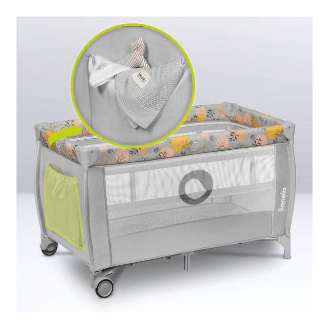 Lionelo - Patut pliant cu doua nivele, Stefi Plus, Cu intrare laterala cu fermoar, 2 roti, 120 x 60 cm, Conform cu standardul european de securitate EN 716, Roz/Galben BYNLO-STEFI_PLUS_PINK_YELLOW