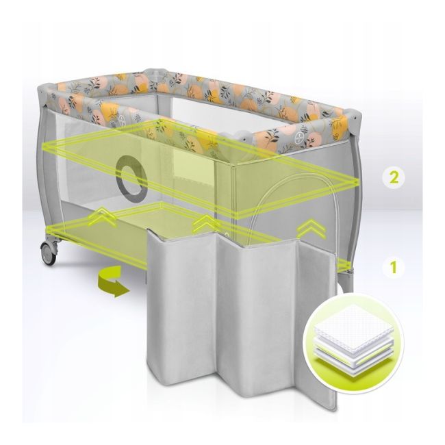 Lionelo - Patut pliant cu doua nivele, Stefi Plus, Cu intrare laterala cu fermoar, 2 roti, 120 x 60 cm, Conform cu standardul european de securitate EN 716, Roz/Galben BYNLO-STEFI_PLUS_PINK_YELLOW