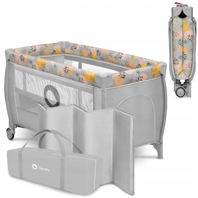 Lionelo - Patut pliant cu doua nivele, Stefi Plus, Cu intrare laterala cu fermoar, 2 roti, 120 x 60 cm, Conform cu standardul european de securitate EN 716, Roz/Galben BYNLO-STEFI_PLUS_PINK_YELLOW