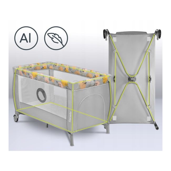 Lionelo - Patut pliant cu doua nivele, Stefi Plus, Cu intrare laterala cu fermoar, 2 roti, 120 x 60 cm, Conform cu standardul european de securitate EN 716, Roz/Galben BYNLO-STEFI_PLUS_PINK_YELLOW