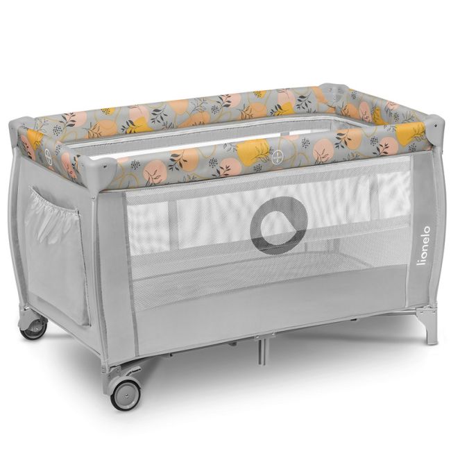 Lionelo - Patut pliant cu doua nivele, Stefi Plus, Cu intrare laterala cu fermoar, 2 roti, 120 x 60 cm, Conform cu standardul european de securitate EN 716, Roz/Galben BYNLO-STEFI_PLUS_PINK_YELLOW