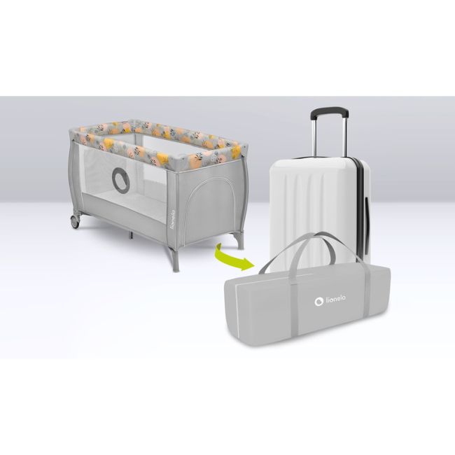 Lionelo - Patut pliant cu doua nivele, Stefi Plus, Cu intrare laterala cu fermoar, 2 roti, 120 x 60 cm, Conform cu standardul european de securitate EN 716, Roz/Galben BYNLO-STEFI_PLUS_PINK_YELLOW
