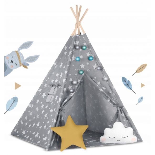 Cort de joaca pentru copii cu lumini si 2 pernite nukido 120 x 120 x 165 cm - gri cu stelute  edeedi740120