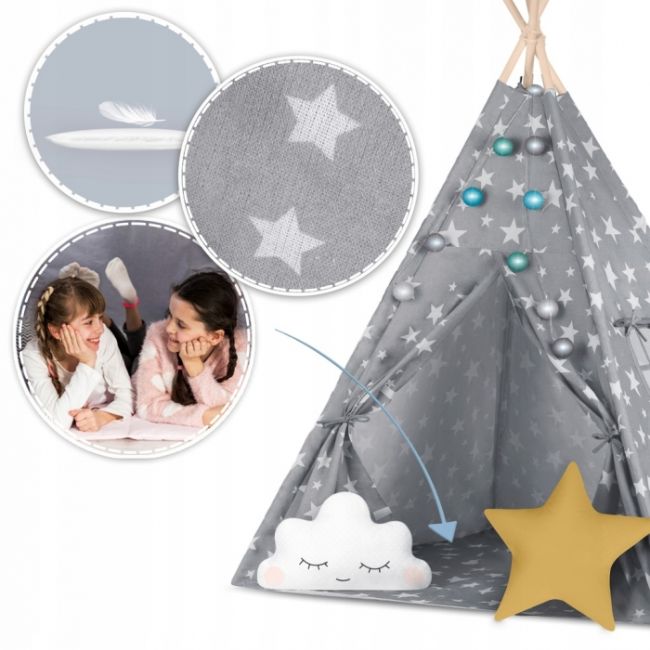 Cort de joaca pentru copii cu lumini si 2 pernite nukido 120 x 120 x 165 cm - gri cu stelute  edeedi740120