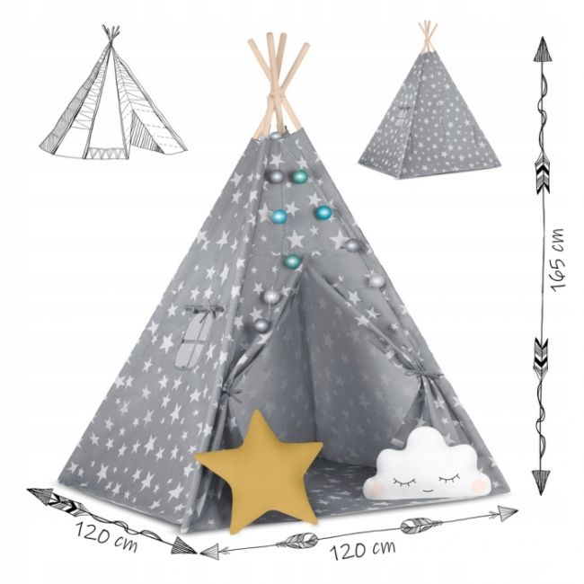 Cort de joaca pentru copii cu lumini si 2 pernite nukido 120 x 120 x 165 cm - gri cu stelute  edeedi740120