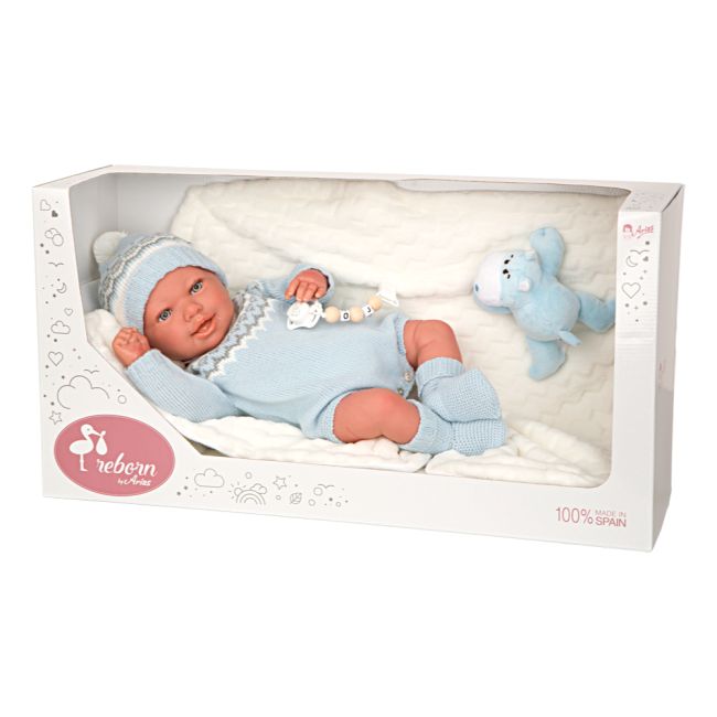 Papusa Reborn bebelus realist Arias Ibai 45 cm cu patura si animal de plus ERFA98153