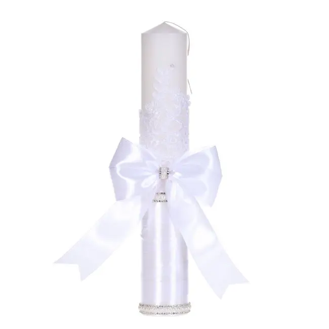 Lumanare botez decor alb elegant, dantela, margelute si fundita asortata, Denikos&reg; C1188 NKO5964
