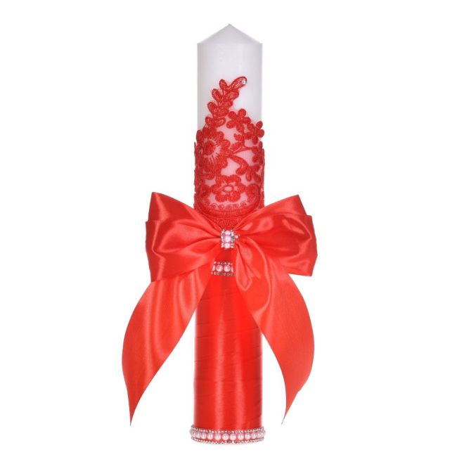 Lumanare botez decor rosu elegant, dantela, margelute si fundita asortata, Denikos® C1194 NKO5970