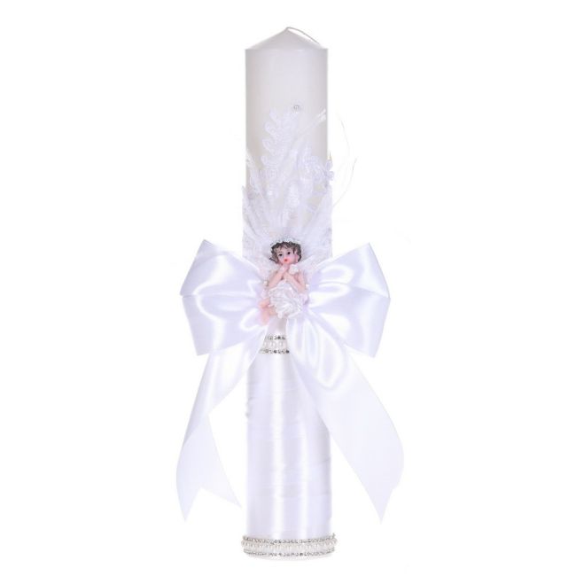 Lumanare botez eleganta decor alb dantela, ingeras cu pene si fundita asortata, Denikos® C1179 NKO5955