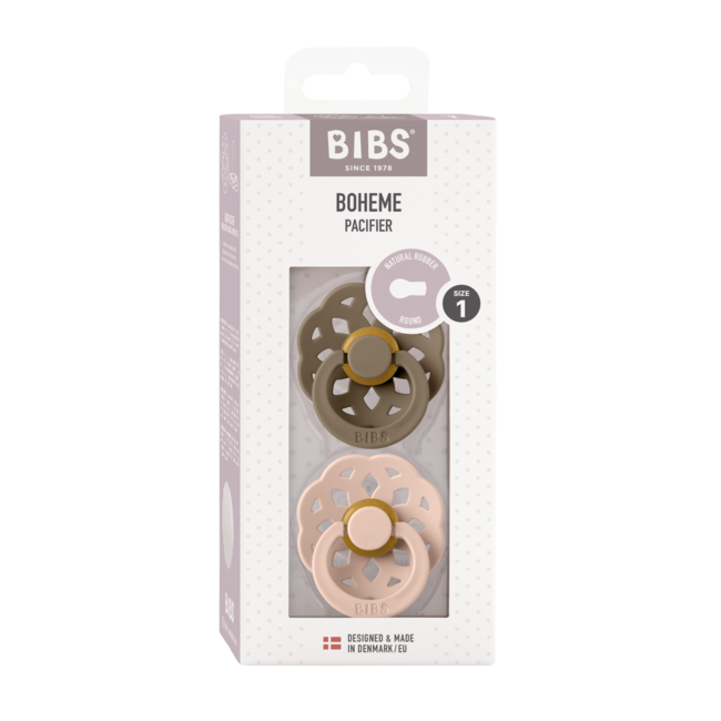 Bibs - set 2 suzete boheme latex, tetina rotunda, 0 luni +-dark oak/blush bbb230109