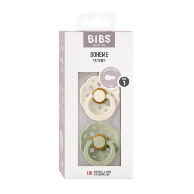 Bibs - set 2 suzete boheme latex, tetina rotunda, 0 luni +-ivory/sage bbb230101
