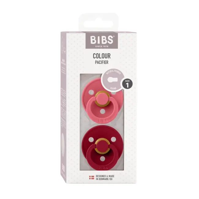 Bibs - set 2 suzete colour latex, tetina rotunda, 0 luni +-coral/ruby bbb110254