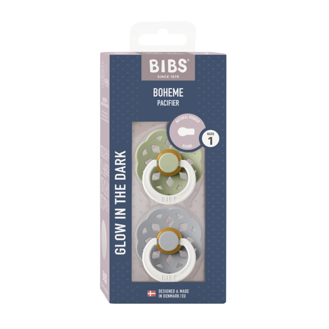 Bibs - set 2 suzete fosforescente boheme glow latex, tetina rotunda, 0 luni +-sage/cloud bbb230124