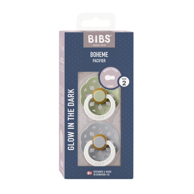 Bibs - set 2 suzete fosforescente boheme glow latex, tetina rotunda, 6 luni +-sage/cloud bbb240124