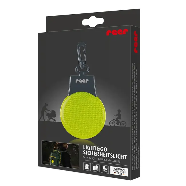 Lumina de siguranta LED reflectorizanta cu semnalizare intermitenta, verde fluorescent, cu carabina de agatare, Reer Light&Go 53253